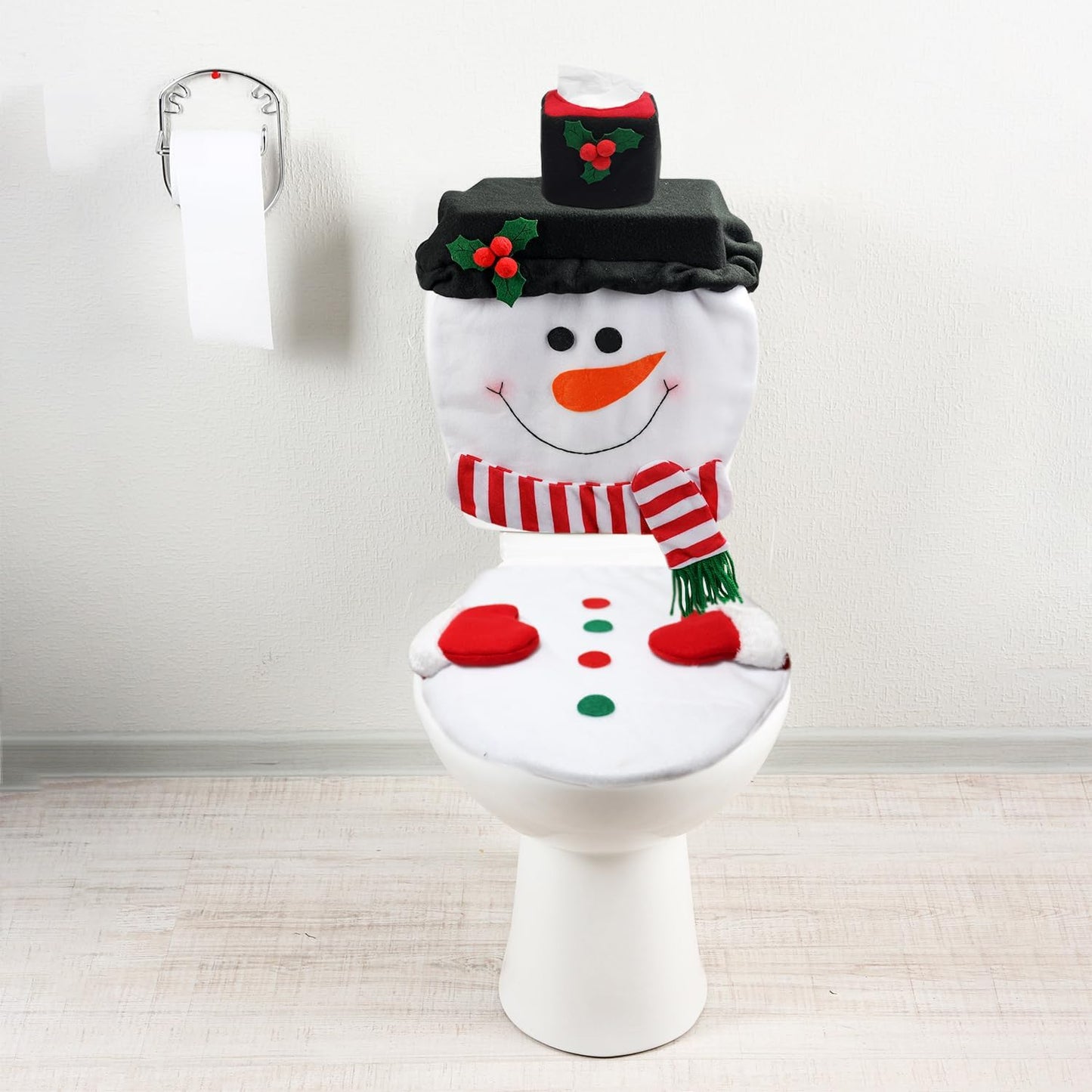 4 PCS Snowman Bathroom Decor Xmas White Toilet Lid Tank Cover, Toilet Paper Box Cover Towel for Christmas Decorations Indoor Home