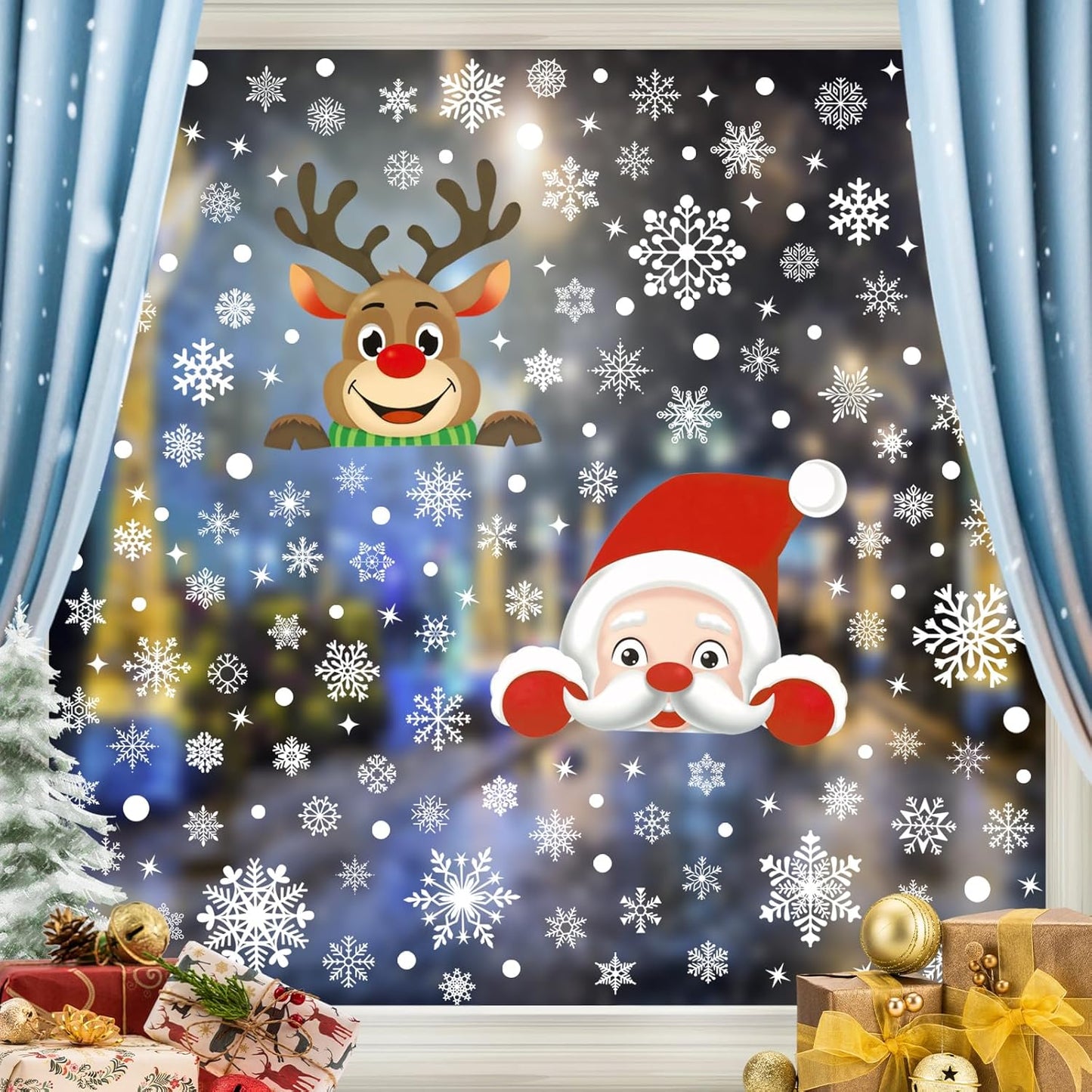 465 PCS 10 Sheet Double-Sided Christmas Window Clings, Christmas Snowflake Window Clings