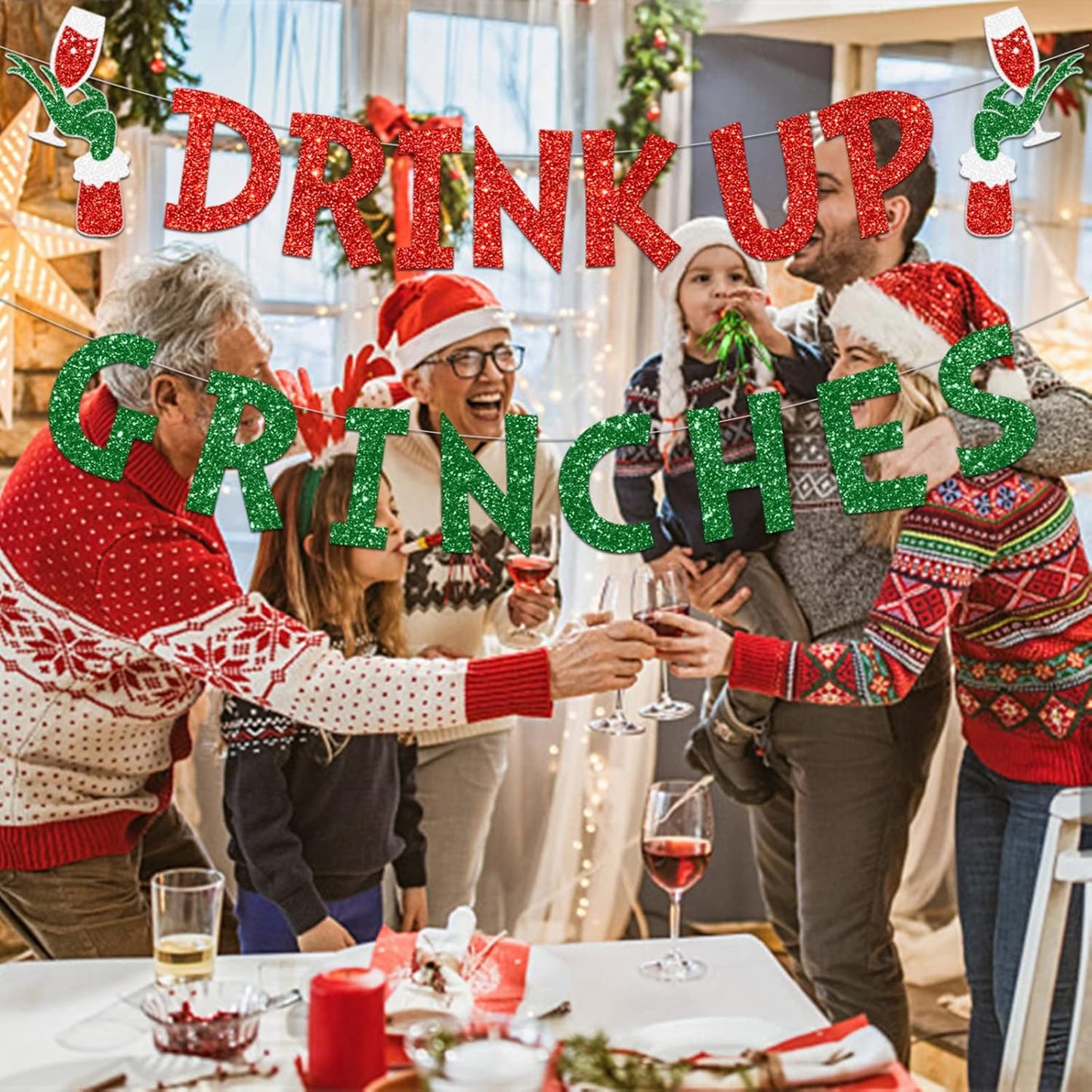 Drink Up Grinches Banner, Glittery Christmas Decorations Banners Winter Holiday Garland Photo Props