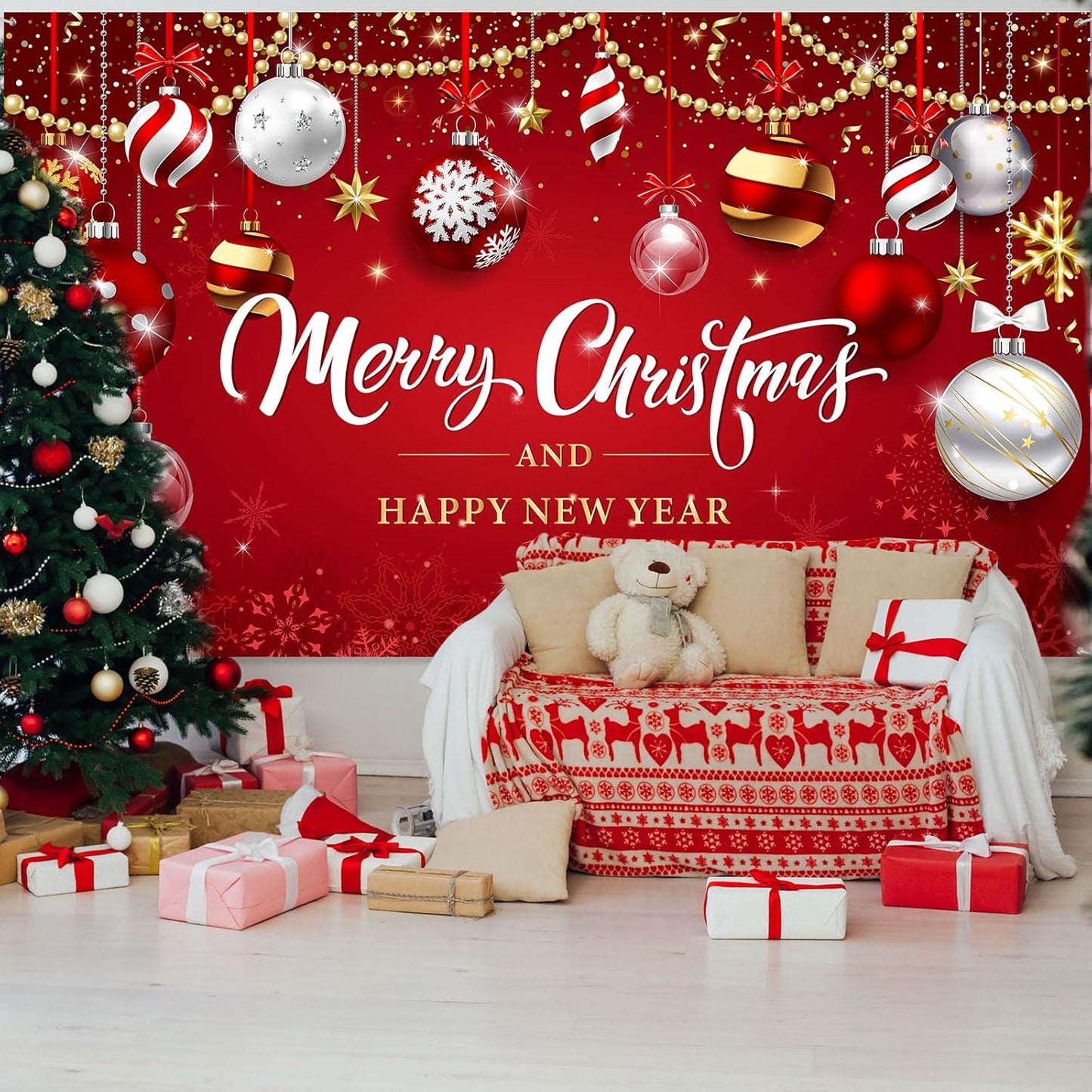 Merry Christmas Party Decoration Christmas Photo Banner Signs Xmas Party Decoration Supplies (Ball)