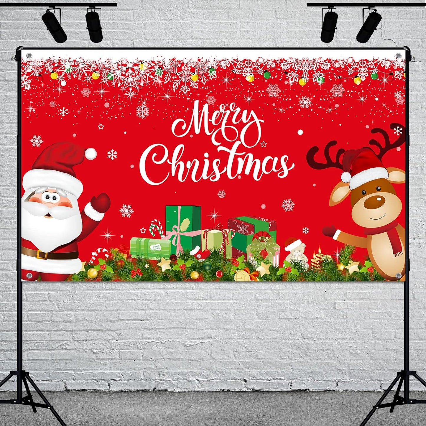 Christmas Banner Backdrop Santa Claus Reindeer Merry Christmas Banner Indoor for Xmas Holiday Party Photo Booth 72.8 X 43.3 Inch(Red, Solid-Color Pattern)