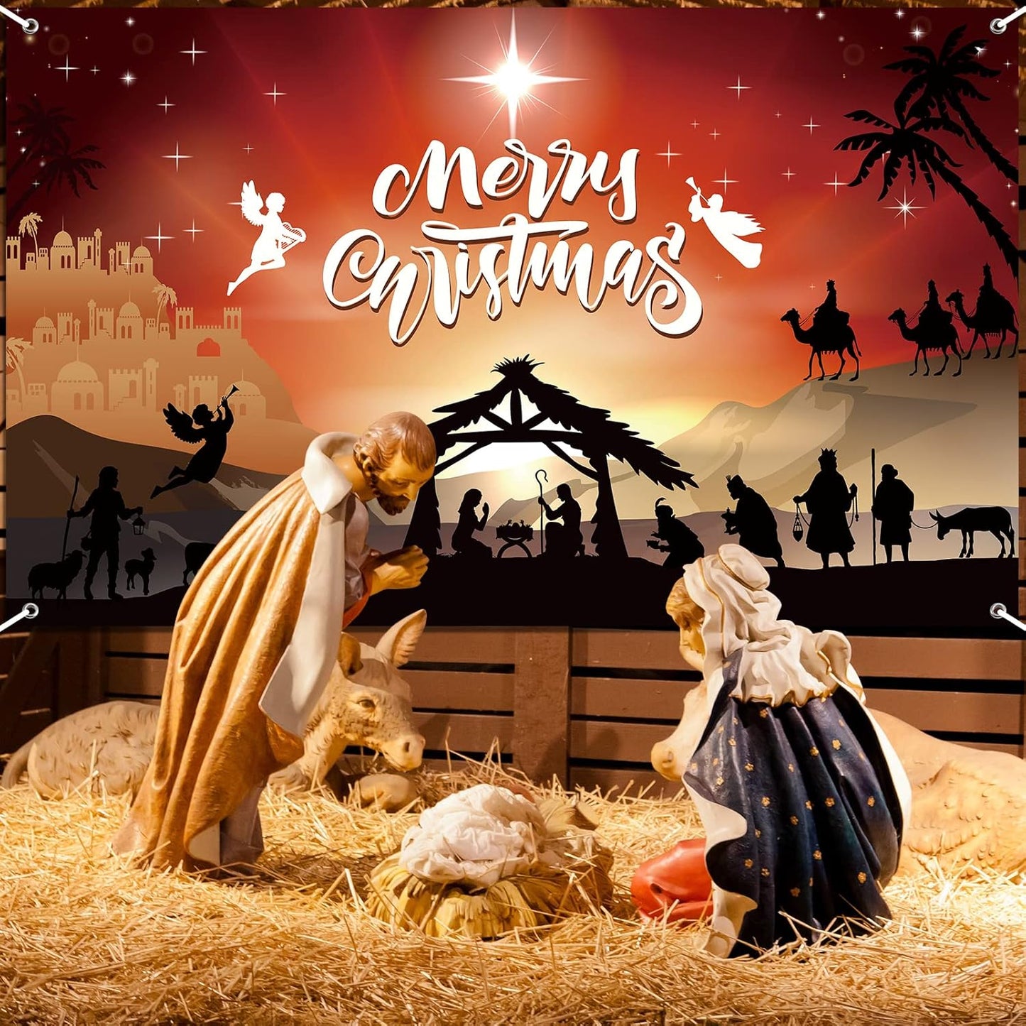 Merry Christmas Nativity Scene Backdrop Holy Night Photo Booth Background Religious Xmas Photography for Holiday, 43x73inch