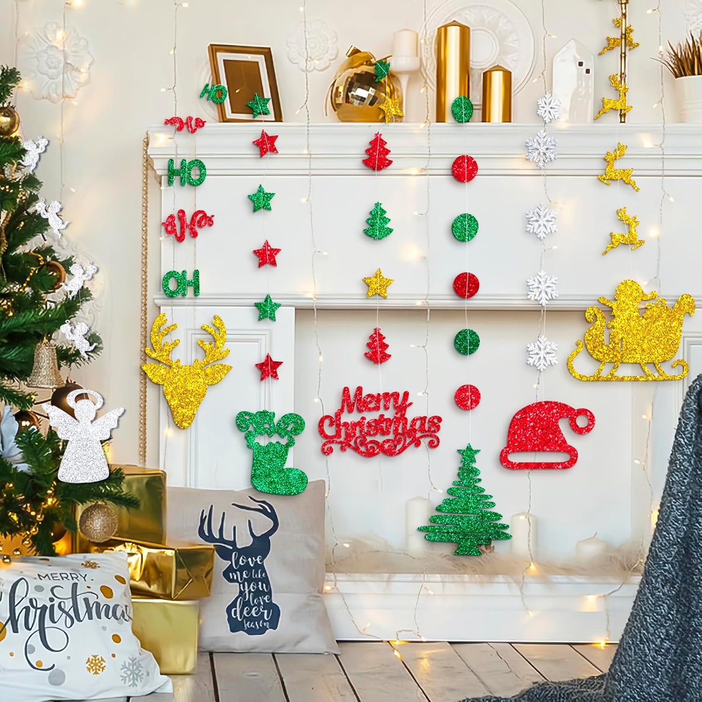 Glitter Christmas Hanging Banner Garland Decorations - Reindeer, Santa hat, Stocking, Tree, Santa Claus and More