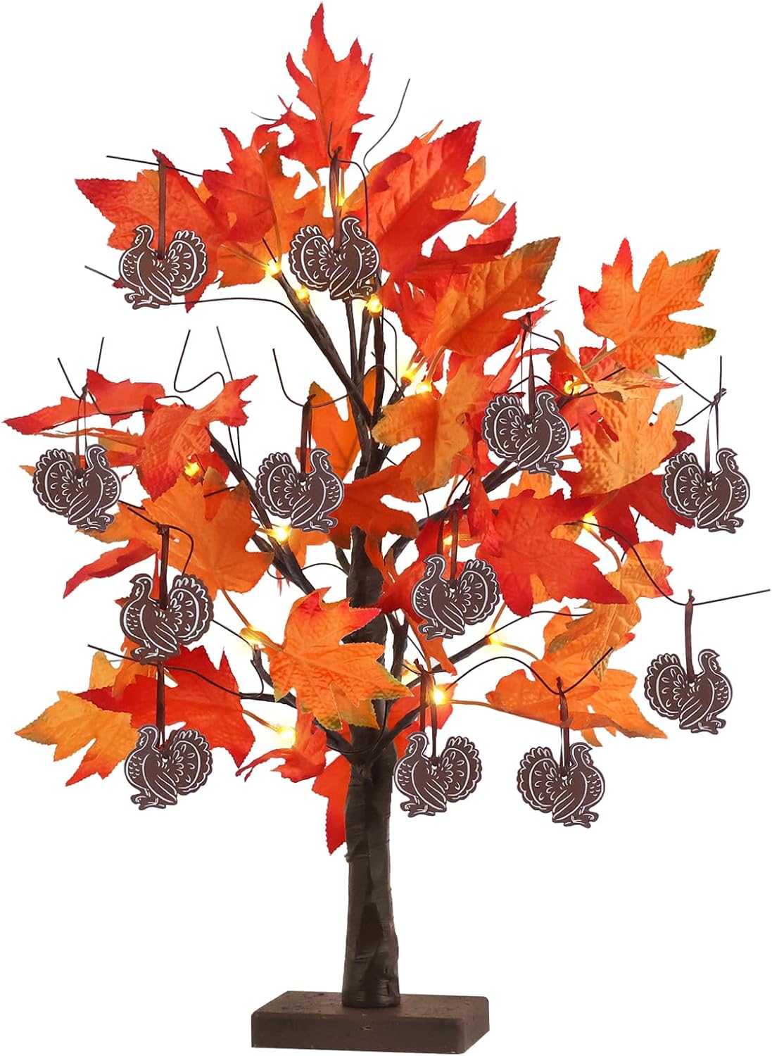 24IN 24LT Lighted Fall Maple Leaves Tree Fall Decor, 2FT Brown Battery Powered Timer Autumn Trees Decorations