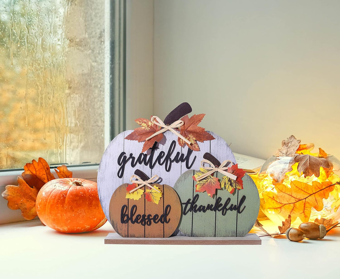 Fall Decorations for Home Blessed Grateful Thankful Fall Decor Wooden Pumpkin Tabletop Signs for Home