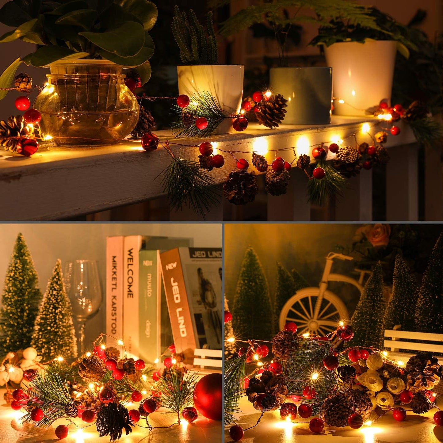 Red Berry Pine Cone 6.5FT 20 LED Garland Lights Battery Operated, LED Garland String Lights