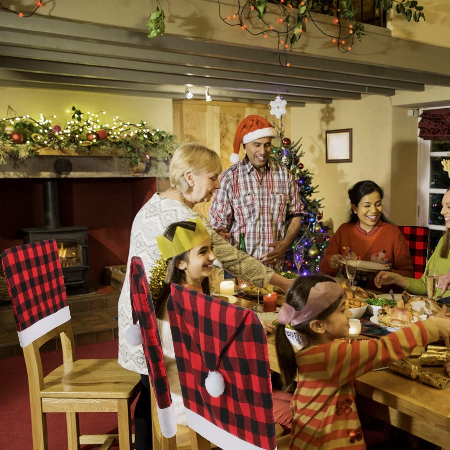 6pcs Christmas Chair Back Cover, Black and Red Grid Chair Slipcovers Hat Buffalo Plaid Christmas Back Covers