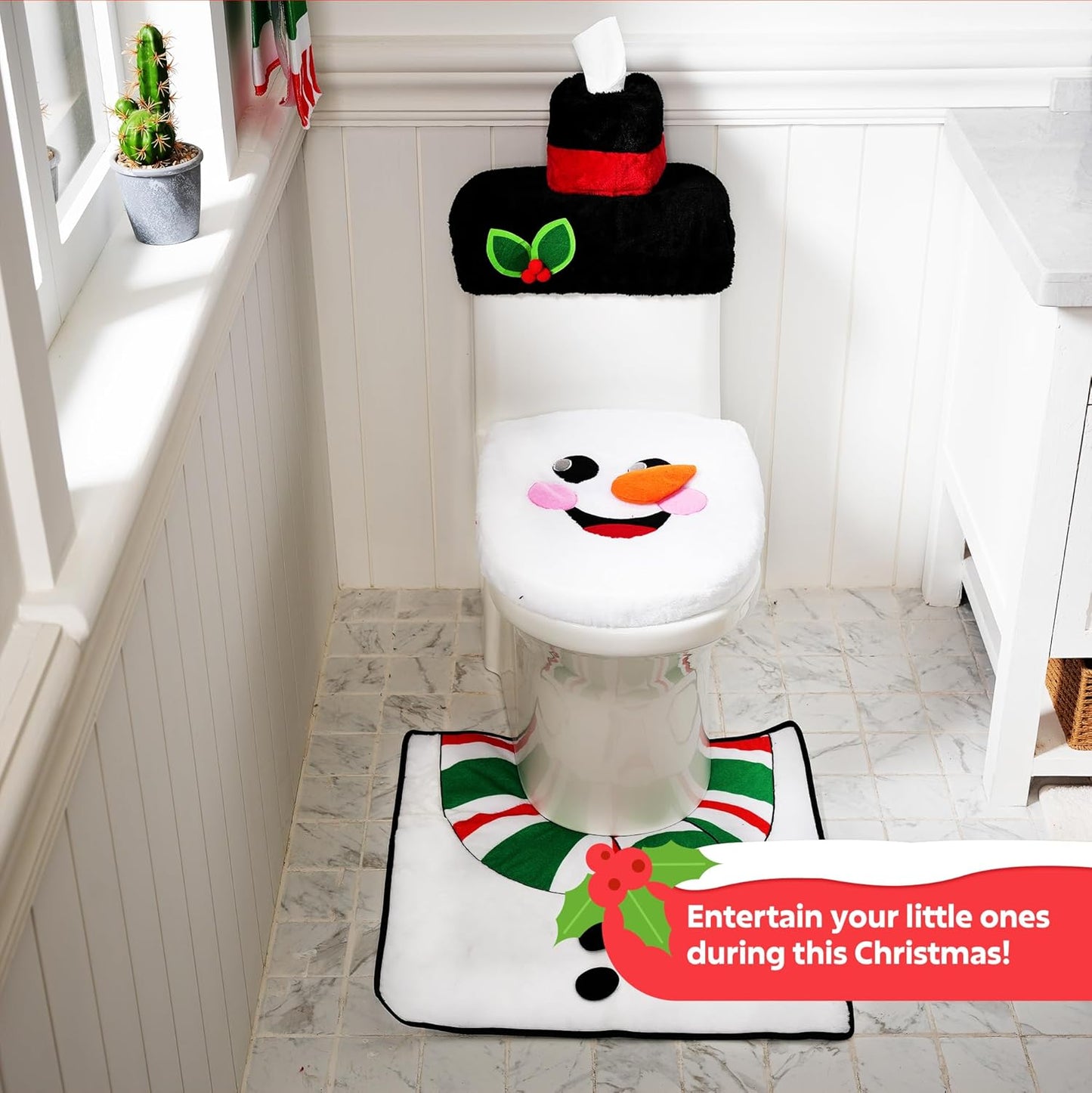 2 Set 5 Pieces Christmas Theme Bathroom Decoration Set w/Toilet Seat Cover, Rugs, Tank Cover, Toilet Paper Box Cover and Santa Towel for Xmas