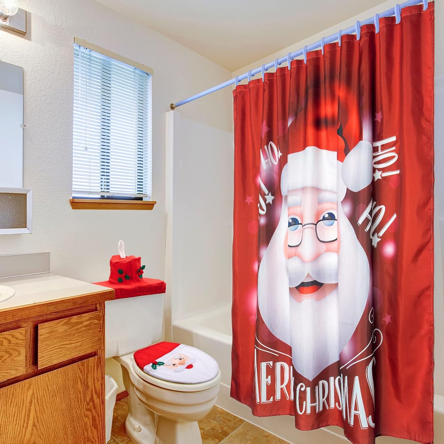 Set 4 Pieces Santa Toilet Seat Cover Set and Shower Curtains, Santa on The Toilet Ornament