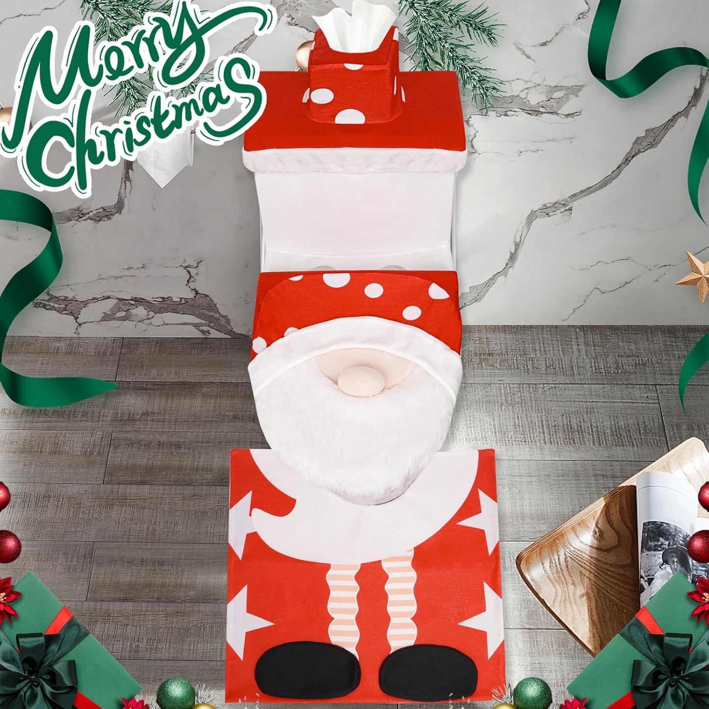 3 PCS Christmas Bathroom Sets Christmas Toilet Seat Cover Decorations, 3D Santa Gnome Toilet Lid Tank Cover Tissue Box