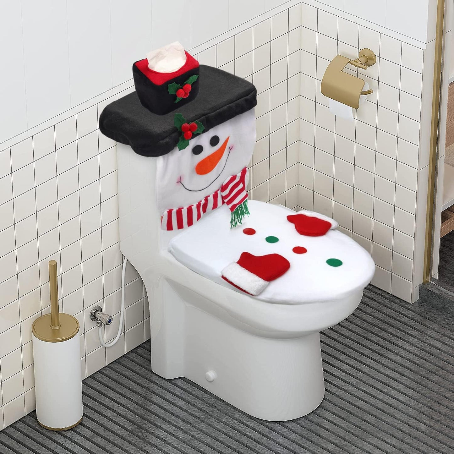 4 PCS Snowman Bathroom Decor Xmas White Toilet Lid Tank Cover, Toilet Paper Box Cover Towel for Christmas Decorations Indoor Home