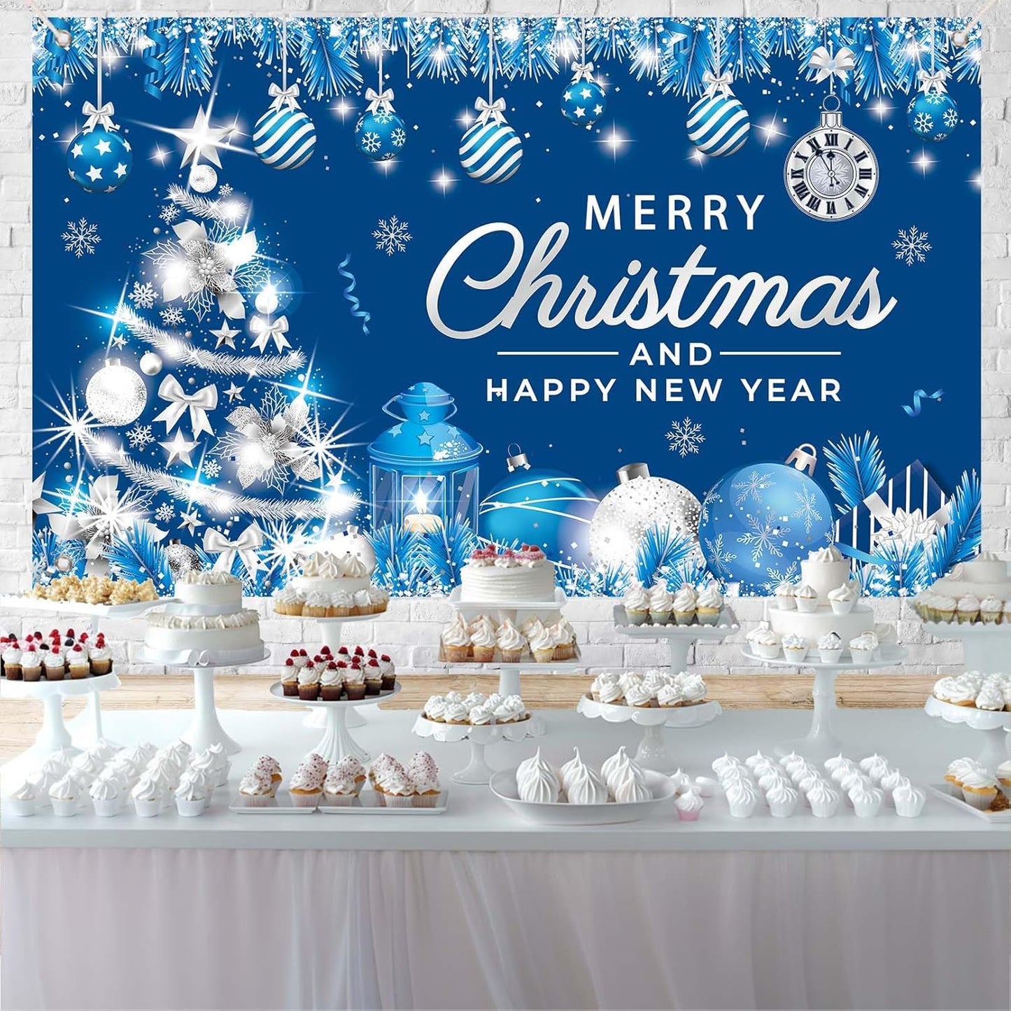 Blue Merry Christmas Banner – Large Christmas Banner Winter Holiday Party Sign with Silver Christmas Tree Snowflake Elements