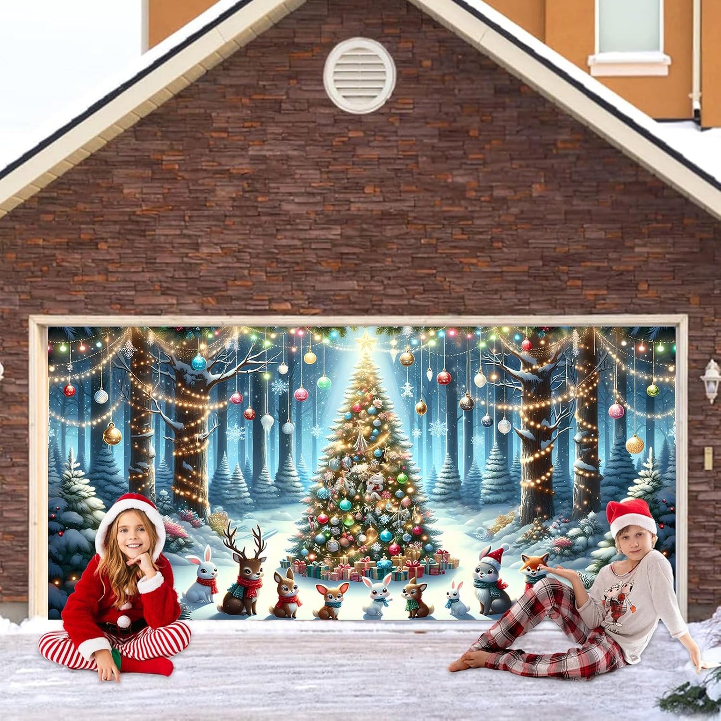 Xmas Garage Door Banner Covering Decor Large Garage Door Christmas Mural Backdrop Background,  13x6 ft