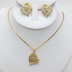 14K Gold Plated Heart Greek Design Crystals Pendant Chain Earrings Set