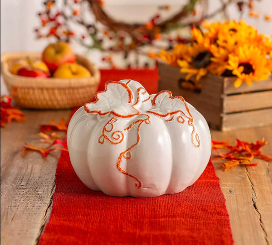 White Ceramic Pumpkin, 8" x 10", Fall Farmhouse Home Decor, Fall, 1 Piece