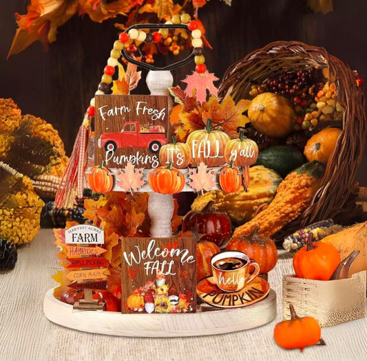 11Pcs Fall Wooden Tiered Tray Decorations Rustic Farmhouse Pumpkin Decor