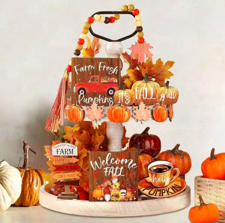 11Pcs Fall Wooden Tiered Tray Decorations Rustic Farmhouse Pumpkin Decor