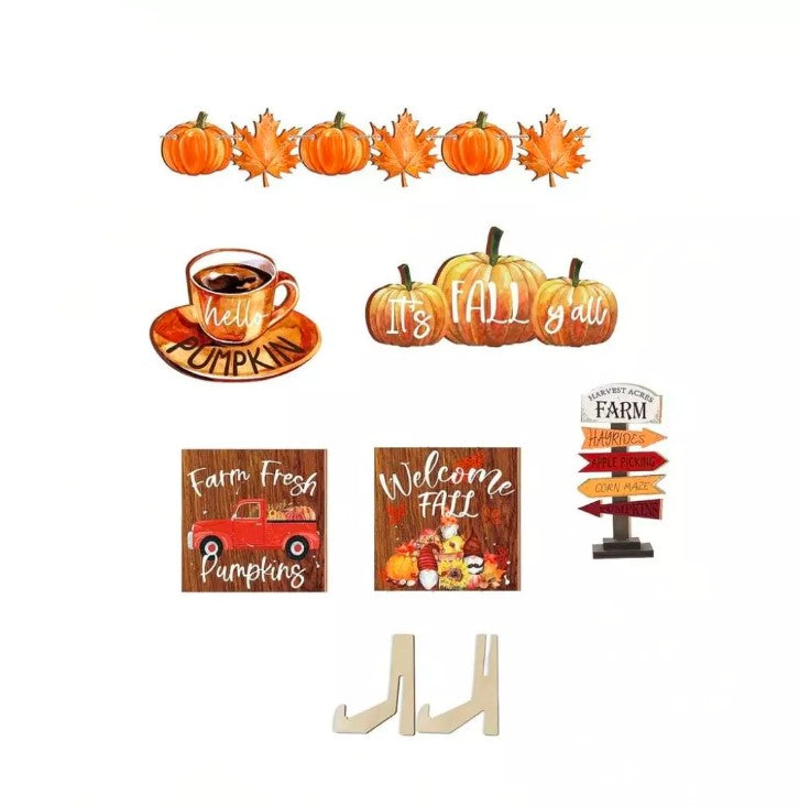 11Pcs Fall Wooden Tiered Tray Decorations Rustic Farmhouse Pumpkin Decor