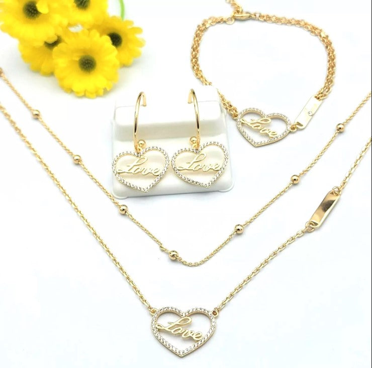 14K Gold Plated Love Heart Set Double Layer Necklace Bracelet Earrings Jewelry Gifts