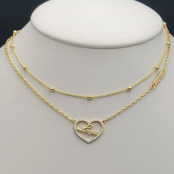 14K Gold Plated Love Heart Set Double Layer Necklace Bracelet Earrings Jewelry Gifts