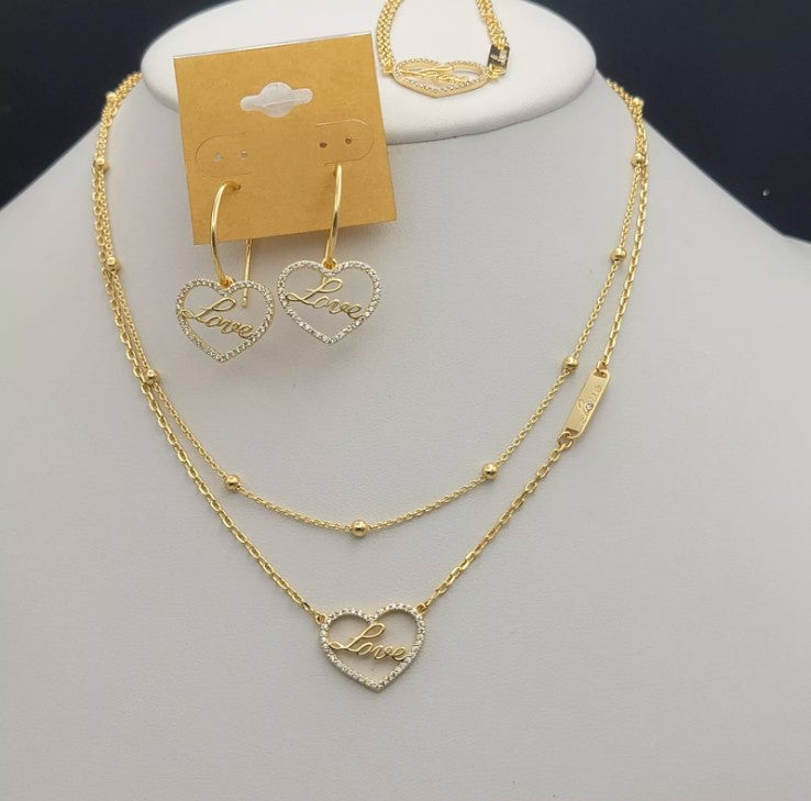 14K Gold Plated Love Heart Set Double Layer Necklace Bracelet Earrings Jewelry Gifts