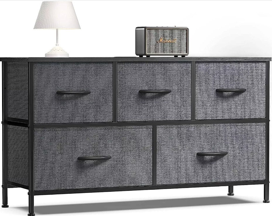 5 Drawers Dresser for Bedroom Wood Top Organizer Fabric Storage Drawers, Gray