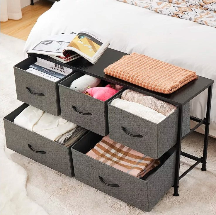 5 Drawers Dresser for Bedroom Wood Top Organizer Fabric Storage Drawers, Gray