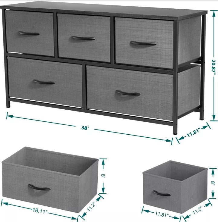 5 Drawers Dresser for Bedroom Wood Top Organizer Fabric Storage Drawers, Gray