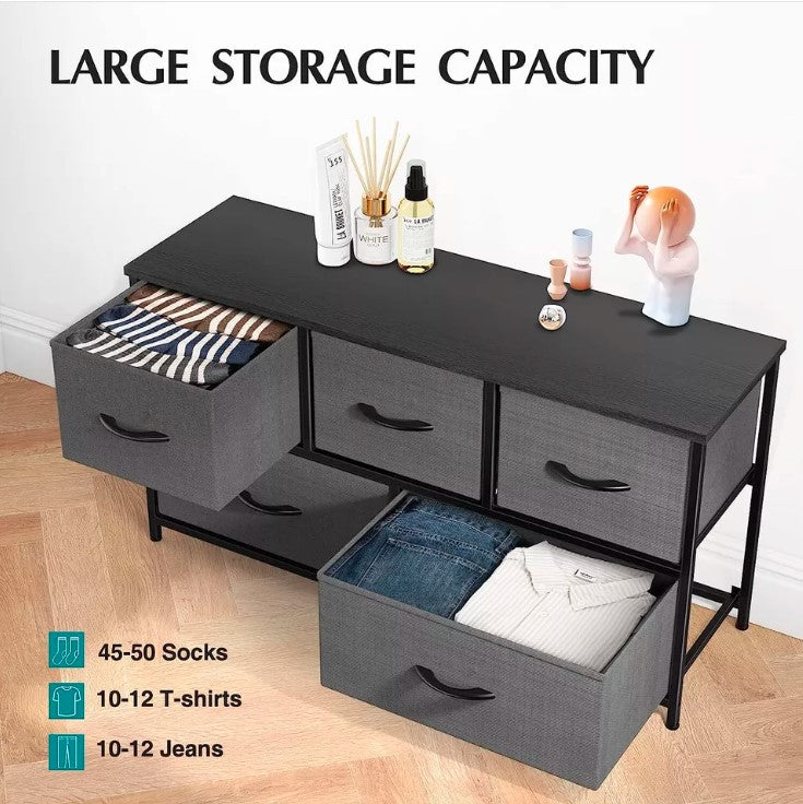 5 Drawers Dresser for Bedroom Wood Top Organizer Fabric Storage Drawers, Gray