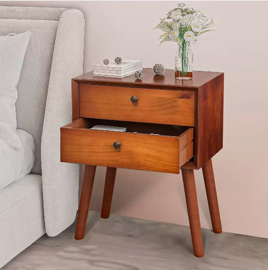 Modern Nightstand Table Mid Century Dark Brown 2 Drawer Solid Wood