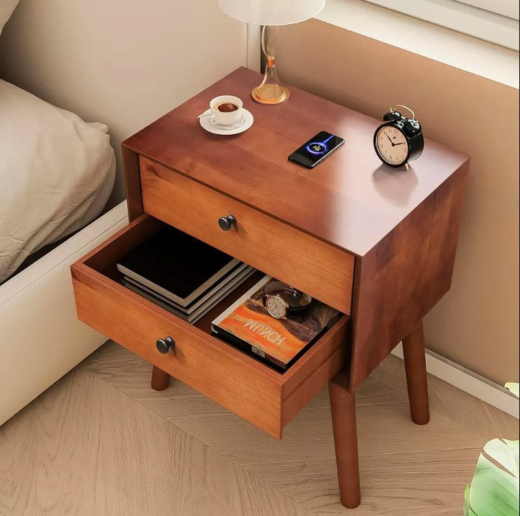 Modern Nightstand Table Mid Century Dark Brown 2 Drawer Solid Wood