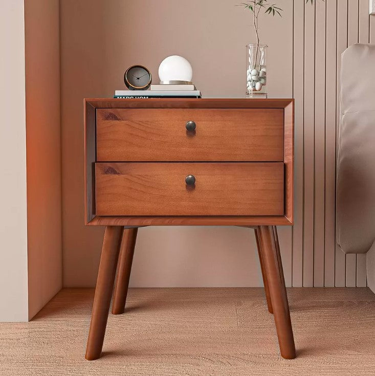 Modern Nightstand Table Mid Century Dark Brown 2 Drawer Solid Wood