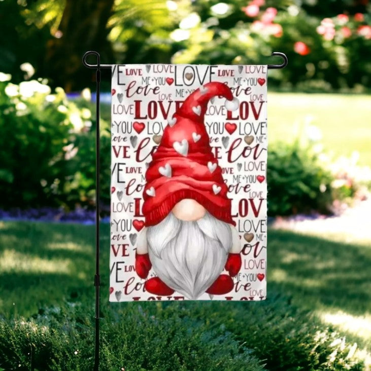 Valentines Day Garden Flag 12x18 Inch Double Sided Burlap Outside Gnome Love