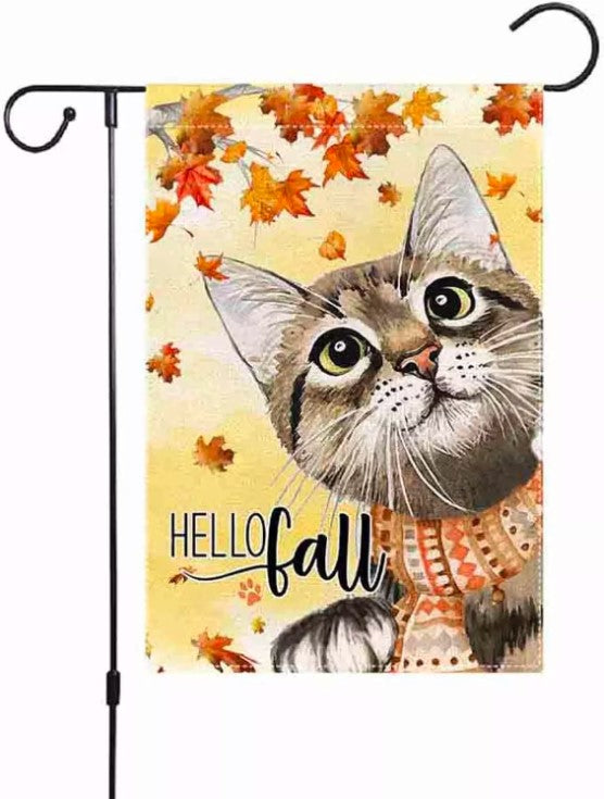 Hello Fall 12x18 Inch Small Garden Flag Vertical Double Sided,Thanksgiving Cat