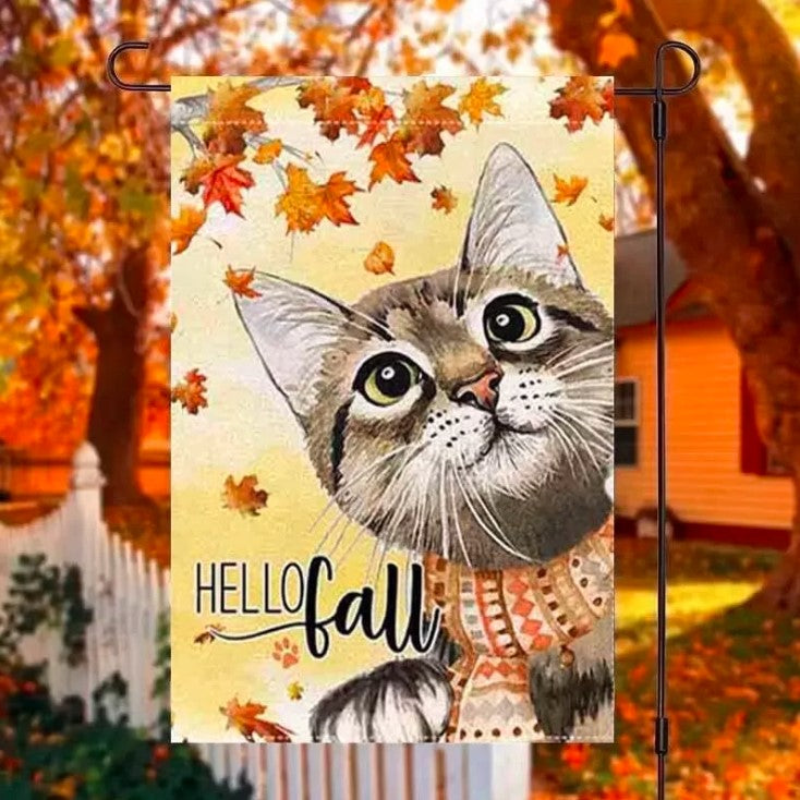 Hello Fall 12x18 Inch Small Garden Flag Vertical Double Sided,Thanksgiving Cat