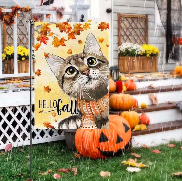 Hello Fall 12x18 Inch Small Garden Flag Vertical Double Sided,Thanksgiving Cat