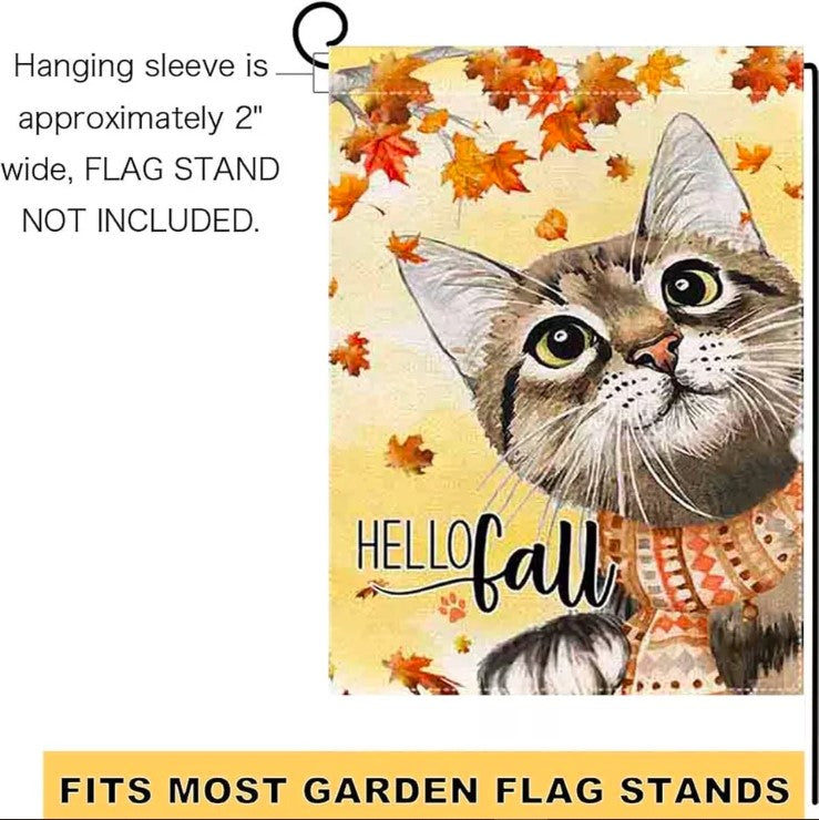 Hello Fall 12x18 Inch Small Garden Flag Vertical Double Sided,Thanksgiving Cat