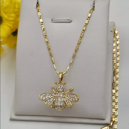 14K Gold Plated Clear CZ Queen Bee Pendant & Chain Necklace. Diligence Wisdom