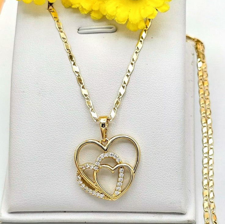 14K Gold Plated Jewelry - Triple Linked Heart LOVE - CZ Pendant Necklace