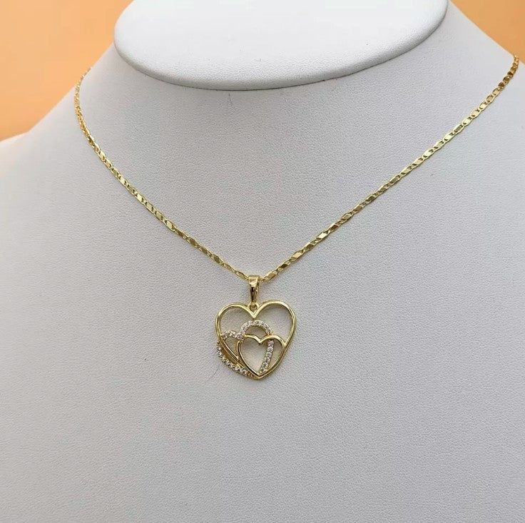 14K Gold Plated Jewelry - Triple Linked Heart LOVE - CZ Pendant Necklace