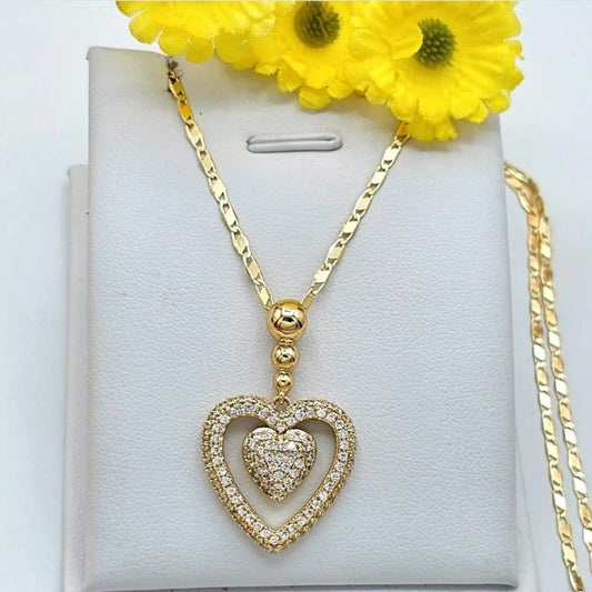 14K Gold Plated Crystal Icy CZ LOVE HEART Pendant & Chain Necklace. Oro Laminado