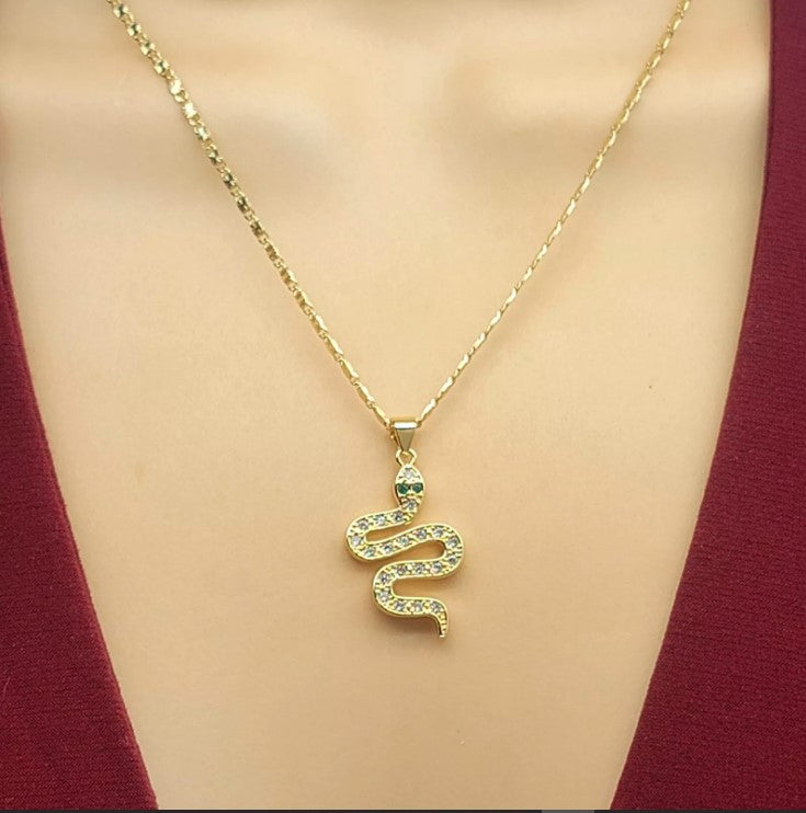 14K Gold Plated Woman Jewelry Clear Crystals Snake Pendant Necklace