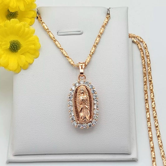 Rose Gold Plated Our Lady Virgen Guadalupe Clear Crystals Pendant Necklace