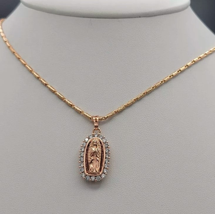 Rose Gold Plated Our Lady Virgen Guadalupe Clear Crystals Pendant Necklace