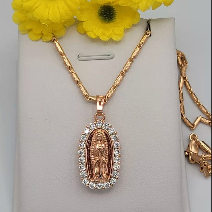 Rose Gold Plated Our Lady Virgen Guadalupe Clear Crystals Pendant Necklace