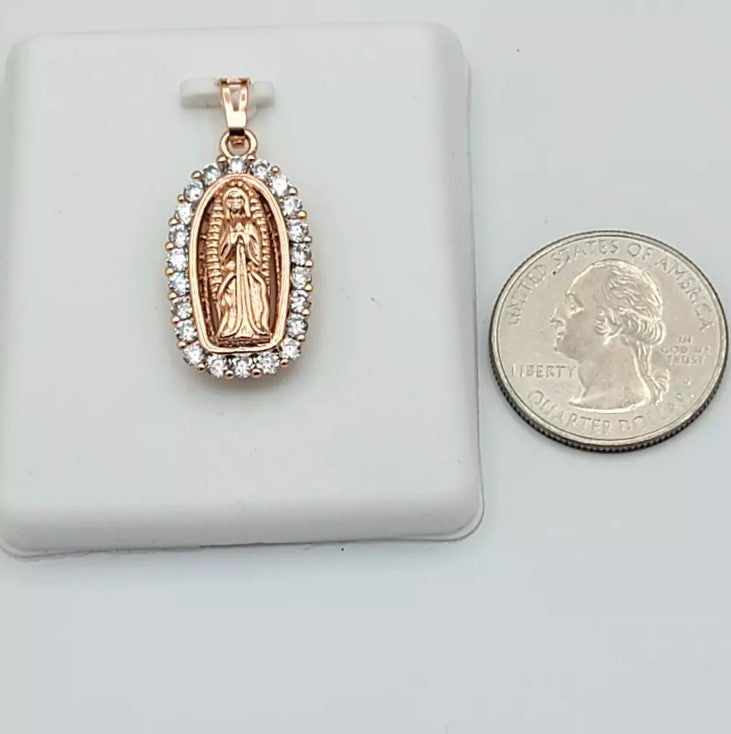 Rose Gold Plated Our Lady Virgen Guadalupe Clear Crystals Pendant Necklace