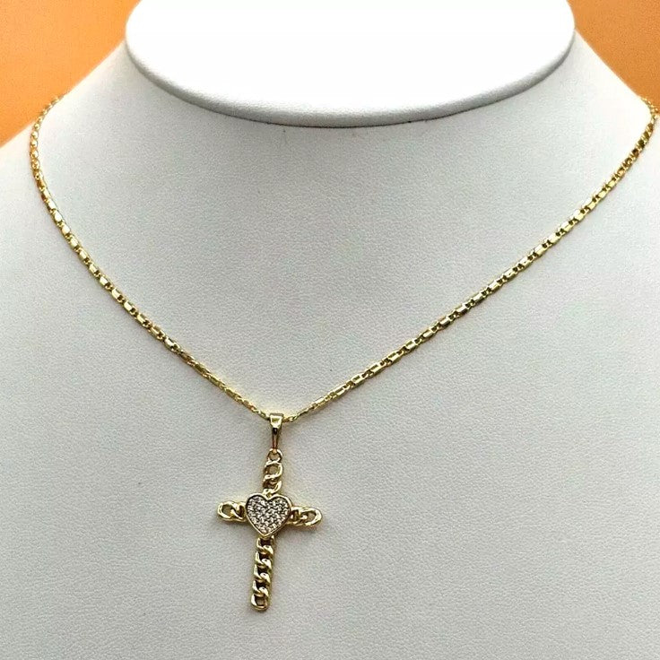 14K Gold Plated Cross with Heart Pendant & Chain Necklace. Love Jesus