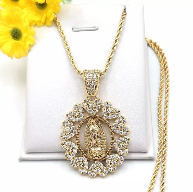 14K Gold Plated Our Lady Guadalupe Icy Pendant Heart Necklace Virgen Guadalupana