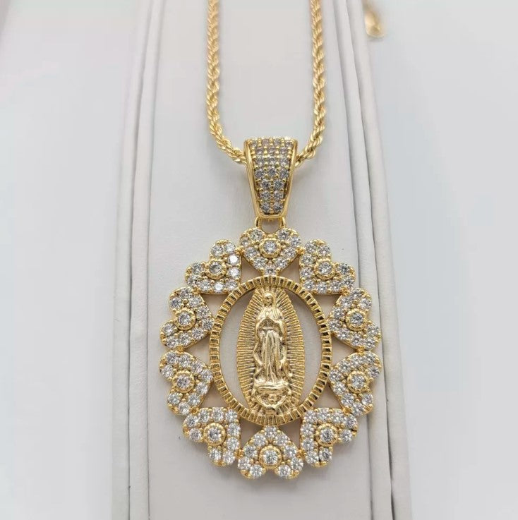 14K Gold Plated Our Lady Guadalupe Icy Pendant Heart Necklace Virgen Guadalupana