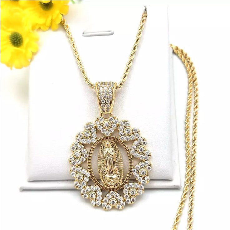 14K Gold Plated Our Lady Guadalupe Icy Pendant Heart Necklace Virgen Guadalupana